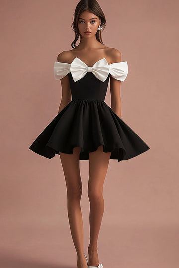 Black Satin A Line Short Graduation Dress with Bow